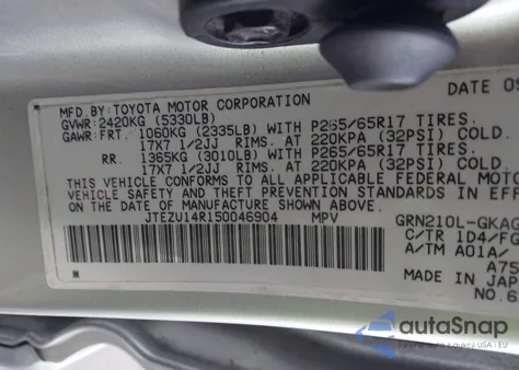 2005 Toyota 4Runner Sr5 V6 из США, поврежденный, VIN JTEZU14R150046904